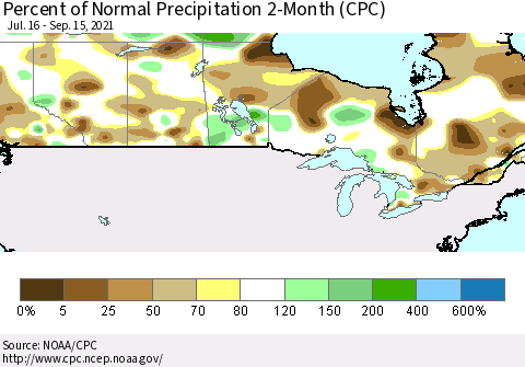 Canada Percent of Normal Precipitation 2-Month (CPC) Thematic Map For 7/16/2021 - 9/15/2021