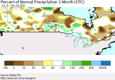 Canada Percent of Normal Precipitation 2-Month (CPC) Thematic Map For 7/21/2021 - 9/20/2021
