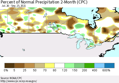 Canada Percent of Normal Precipitation 2-Month (CPC) Thematic Map For 7/26/2021 - 9/25/2021