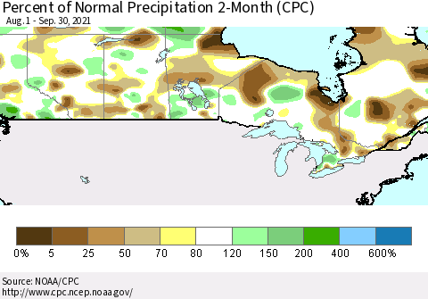 Canada Percent of Normal Precipitation 2-Month (CPC) Thematic Map For 8/1/2021 - 9/30/2021
