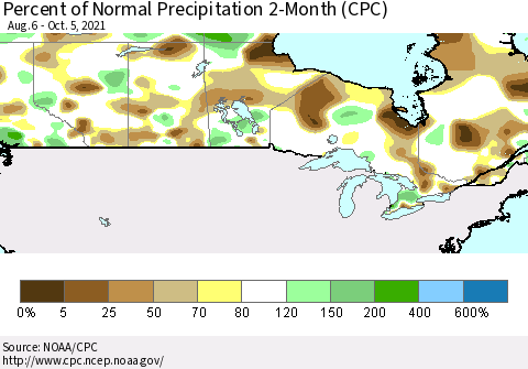 Canada Percent of Normal Precipitation 2-Month (CPC) Thematic Map For 8/6/2021 - 10/5/2021