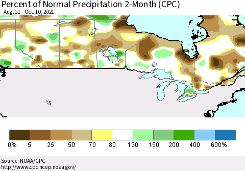 Canada Percent of Normal Precipitation 2-Month (CPC) Thematic Map For 8/11/2021 - 10/10/2021