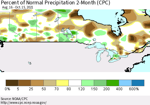 Canada Percent of Normal Precipitation 2-Month (CPC) Thematic Map For 8/16/2021 - 10/15/2021