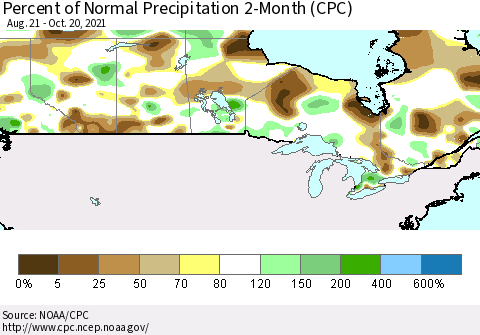 Canada Percent of Normal Precipitation 2-Month (CPC) Thematic Map For 8/21/2021 - 10/20/2021