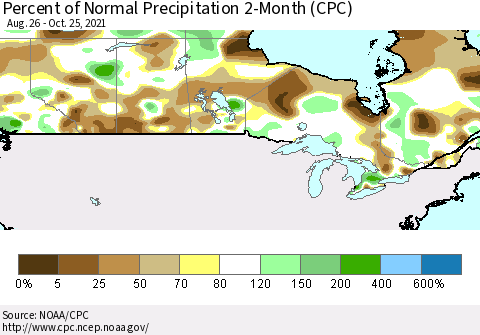 Canada Percent of Normal Precipitation 2-Month (CPC) Thematic Map For 8/26/2021 - 10/25/2021