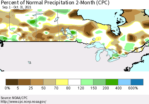 Canada Percent of Normal Precipitation 2-Month (CPC) Thematic Map For 9/1/2021 - 10/31/2021