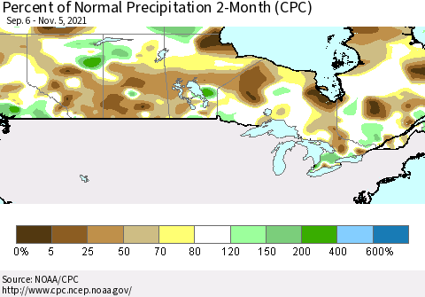 Canada Percent of Normal Precipitation 2-Month (CPC) Thematic Map For 9/6/2021 - 11/5/2021