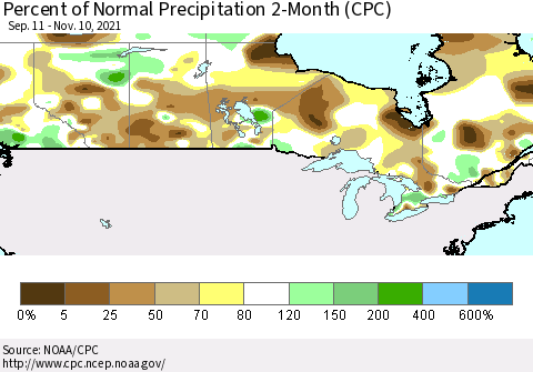 Canada Percent of Normal Precipitation 2-Month (CPC) Thematic Map For 9/11/2021 - 11/10/2021