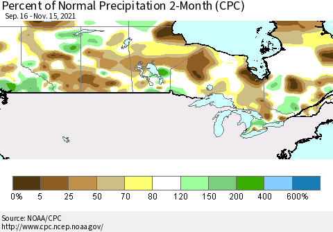Canada Percent of Normal Precipitation 2-Month (CPC) Thematic Map For 9/16/2021 - 11/15/2021