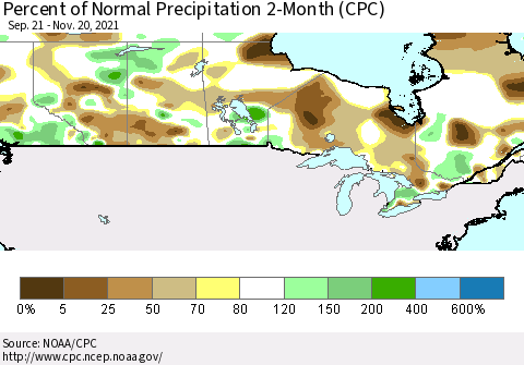 Canada Percent of Normal Precipitation 2-Month (CPC) Thematic Map For 9/21/2021 - 11/20/2021