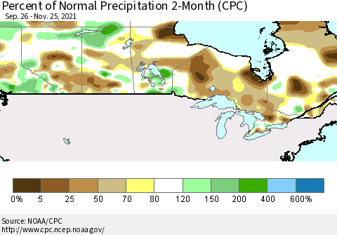 Canada Percent of Normal Precipitation 2-Month (CPC) Thematic Map For 9/26/2021 - 11/25/2021