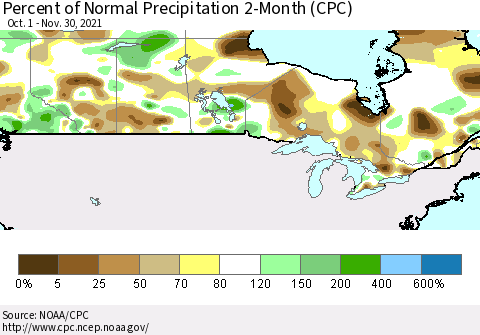 Canada Percent of Normal Precipitation 2-Month (CPC) Thematic Map For 10/1/2021 - 11/30/2021
