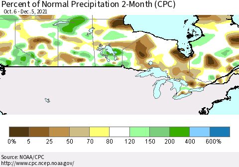Canada Percent of Normal Precipitation 2-Month (CPC) Thematic Map For 10/6/2021 - 12/5/2021