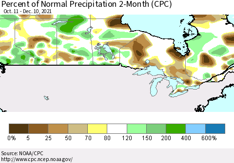 Canada Percent of Normal Precipitation 2-Month (CPC) Thematic Map For 10/11/2021 - 12/10/2021
