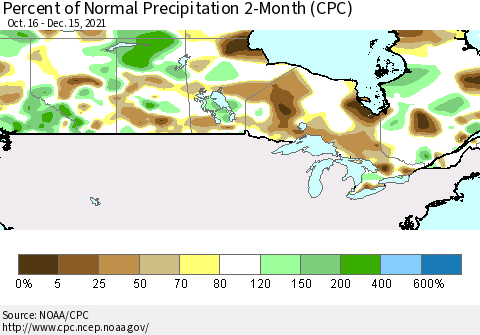 Canada Percent of Normal Precipitation 2-Month (CPC) Thematic Map For 10/16/2021 - 12/15/2021