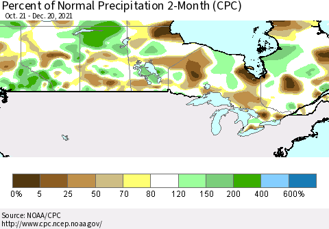 Canada Percent of Normal Precipitation 2-Month (CPC) Thematic Map For 10/21/2021 - 12/20/2021