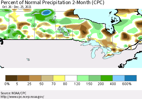Canada Percent of Normal Precipitation 2-Month (CPC) Thematic Map For 10/26/2021 - 12/25/2021