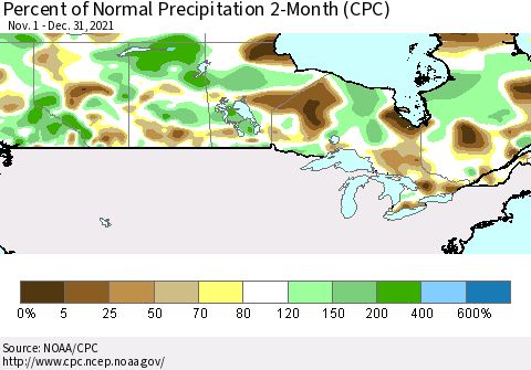 Canada Percent of Normal Precipitation 2-Month (CPC) Thematic Map For 11/1/2021 - 12/31/2021