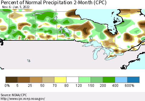 Canada Percent of Normal Precipitation 2-Month (CPC) Thematic Map For 11/6/2021 - 1/5/2022