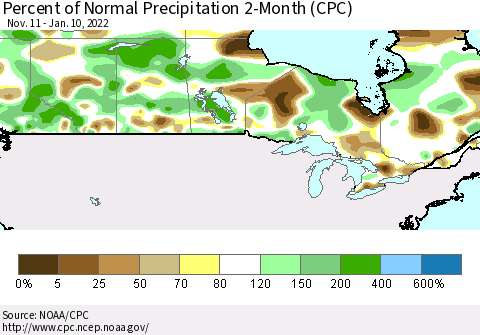 Canada Percent of Normal Precipitation 2-Month (CPC) Thematic Map For 11/11/2021 - 1/10/2022