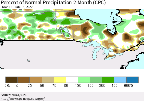 Canada Percent of Normal Precipitation 2-Month (CPC) Thematic Map For 11/16/2021 - 1/15/2022