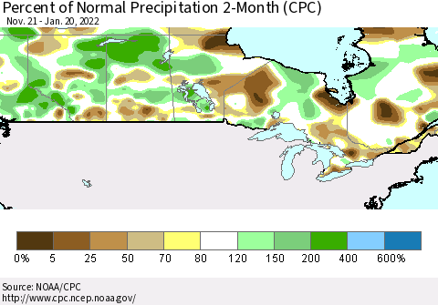 Canada Percent of Normal Precipitation 2-Month (CPC) Thematic Map For 11/21/2021 - 1/20/2022