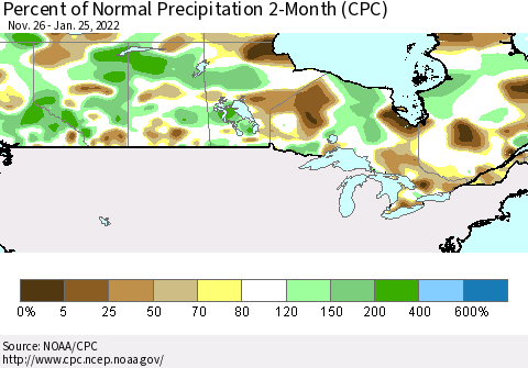 Canada Percent of Normal Precipitation 2-Month (CPC) Thematic Map For 11/26/2021 - 1/25/2022