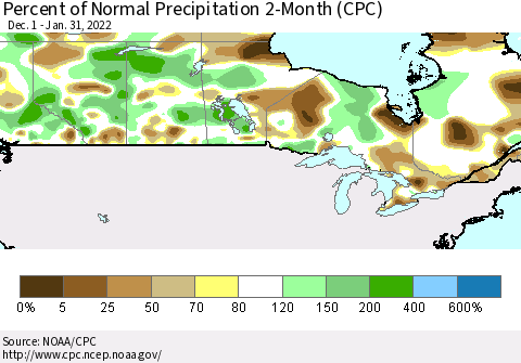 Canada Percent of Normal Precipitation 2-Month (CPC) Thematic Map For 12/1/2021 - 1/31/2022