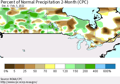 Canada Percent of Normal Precipitation 2-Month (CPC) Thematic Map For 12/6/2021 - 2/5/2022