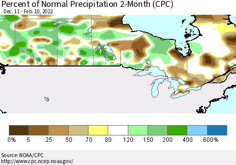 Canada Percent of Normal Precipitation 2-Month (CPC) Thematic Map For 12/11/2021 - 2/10/2022