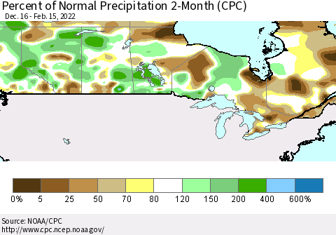 Canada Percent of Normal Precipitation 2-Month (CPC) Thematic Map For 12/16/2021 - 2/15/2022