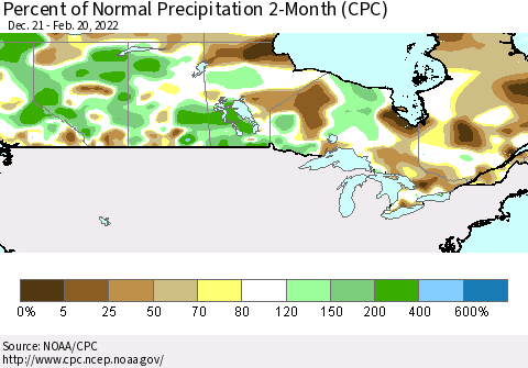Canada Percent of Normal Precipitation 2-Month (CPC) Thematic Map For 12/21/2021 - 2/20/2022