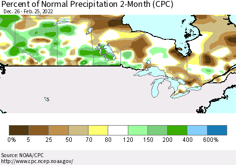 Canada Percent of Normal Precipitation 2-Month (CPC) Thematic Map For 12/26/2021 - 2/25/2022