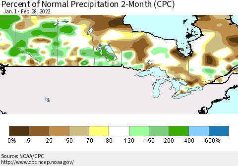 Canada Percent of Normal Precipitation 2-Month (CPC) Thematic Map For 1/1/2022 - 2/28/2022