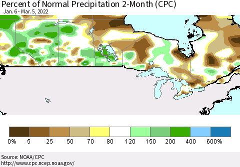 Canada Percent of Normal Precipitation 2-Month (CPC) Thematic Map For 1/6/2022 - 3/5/2022
