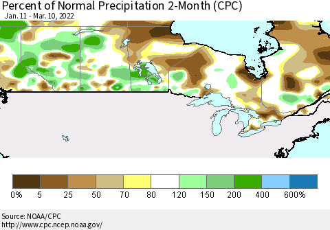 Canada Percent of Normal Precipitation 2-Month (CPC) Thematic Map For 1/11/2022 - 3/10/2022