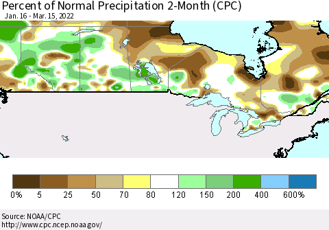 Canada Percent of Normal Precipitation 2-Month (CPC) Thematic Map For 1/16/2022 - 3/15/2022
