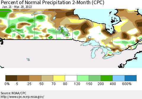 Canada Percent of Normal Precipitation 2-Month (CPC) Thematic Map For 1/21/2022 - 3/20/2022