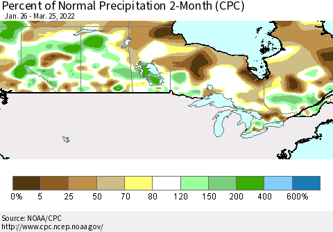 Canada Percent of Normal Precipitation 2-Month (CPC) Thematic Map For 1/26/2022 - 3/25/2022