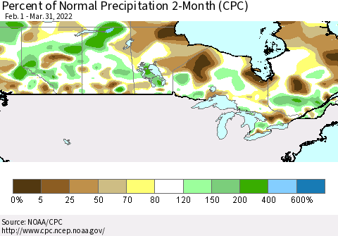 Canada Percent of Normal Precipitation 2-Month (CPC) Thematic Map For 2/1/2022 - 3/31/2022