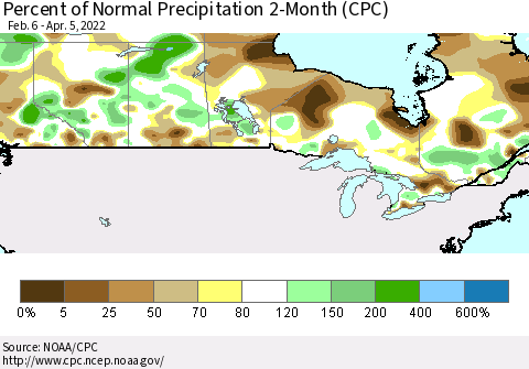 Canada Percent of Normal Precipitation 2-Month (CPC) Thematic Map For 2/6/2022 - 4/5/2022
