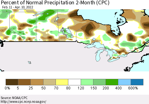 Canada Percent of Normal Precipitation 2-Month (CPC) Thematic Map For 2/11/2022 - 4/10/2022