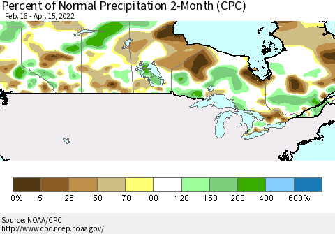 Canada Percent of Normal Precipitation 2-Month (CPC) Thematic Map For 2/16/2022 - 4/15/2022