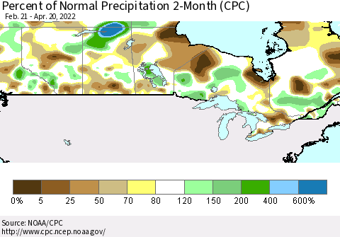 Canada Percent of Normal Precipitation 2-Month (CPC) Thematic Map For 2/21/2022 - 4/20/2022