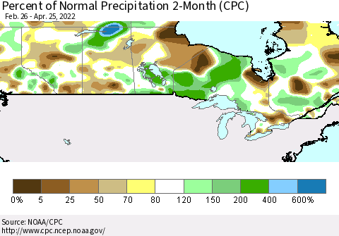 Canada Percent of Normal Precipitation 2-Month (CPC) Thematic Map For 2/26/2022 - 4/25/2022
