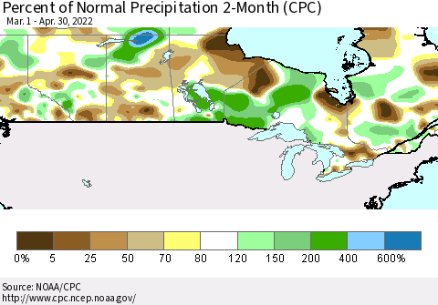 Canada Percent of Normal Precipitation 2-Month (CPC) Thematic Map For 3/1/2022 - 4/30/2022