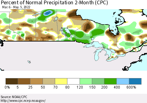 Canada Percent of Normal Precipitation 2-Month (CPC) Thematic Map For 3/6/2022 - 5/5/2022