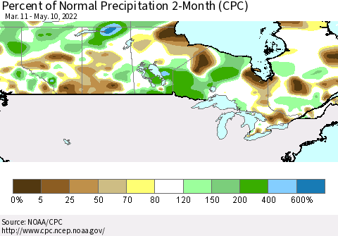 Canada Percent of Normal Precipitation 2-Month (CPC) Thematic Map For 3/11/2022 - 5/10/2022