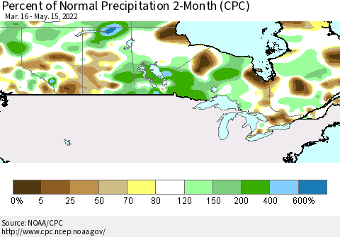 Canada Percent of Normal Precipitation 2-Month (CPC) Thematic Map For 3/16/2022 - 5/15/2022