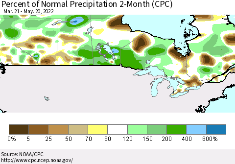 Canada Percent of Normal Precipitation 2-Month (CPC) Thematic Map For 3/21/2022 - 5/20/2022